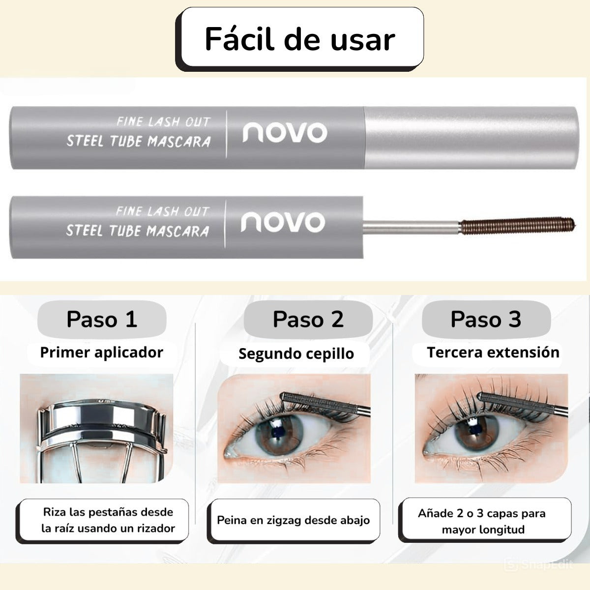 NOVO Máscara de Pestañas – Alargadora, Definición Precisa y Efecto Rizado Natural
